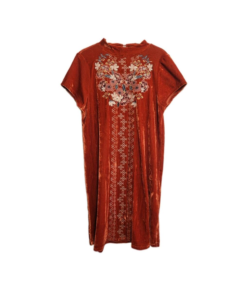 THML Velvet Dress Embroidered Flowers Burnt Orange Size Medium Fall